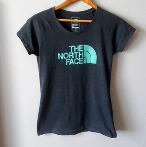 North Face T-shirt.Grey with teal lettering .